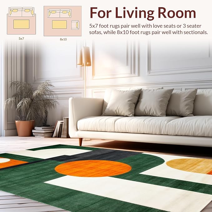 Flatwoven High Traffic Area Rug 6x9, Mid Century Modern Geometric Rug Retro Style, Non Slip, Stain Resistant, Washable Area Rugs for Living Room, Bedroom (Orange, 6x9)