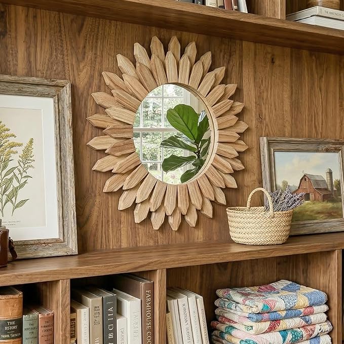 Boho Wood Sunburst Round Wall Mirror, 24 Inch Rustic Circle Wooden Frame Decorative Mirror for Farmhouse Coastal Home, Home Wall Decor for Living Room Entryway Bedroom, Light Wood