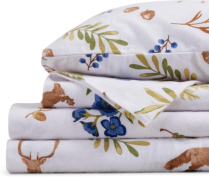Market & Place 100% Cotton Full Flannel Sheet Set | 4 Piece Deep Pocket Novelty Cozy Winter Bed Sheets | Double Brushed for Extra Softness & Comfort | Alpine Collection (Full, Woodland Forest)