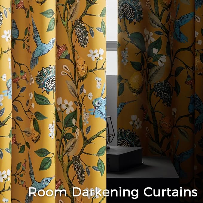 90 Inches Long Curtains 2 Panels for Living Room Bedroom Unique Elegant Colorful Floral Hummingbird Patterned Rustic Mustard Yellow Pinch Pleated Drapes for Classroom Room Office 40x90