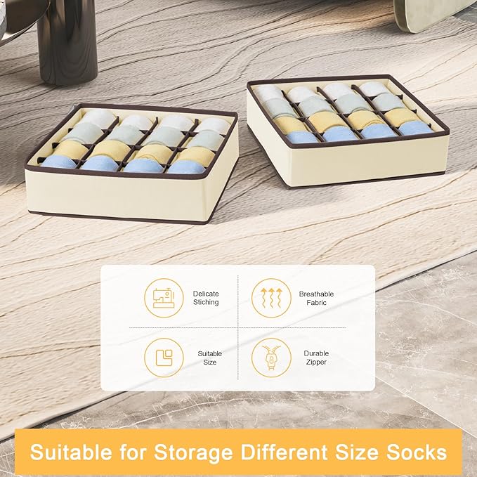Joyoldelf Sock Drawer Organizer Divider Underwear Organizer 16-cell Fabric Dresser Drawer Organizers Storage Boxes for Socks Lingerie, Handkerchiefs, Ties (Beige)