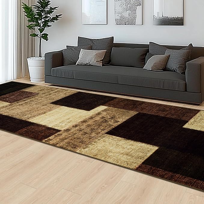 Modern Geometric Patchwork Indoor Runner Rug for Living Room, Warm Taupe 2'x 6' Rug Rockwood Collection Hardwood Floors Decor for Bedroom, Taupe Throw Carpet for Office Entryway Dining Room