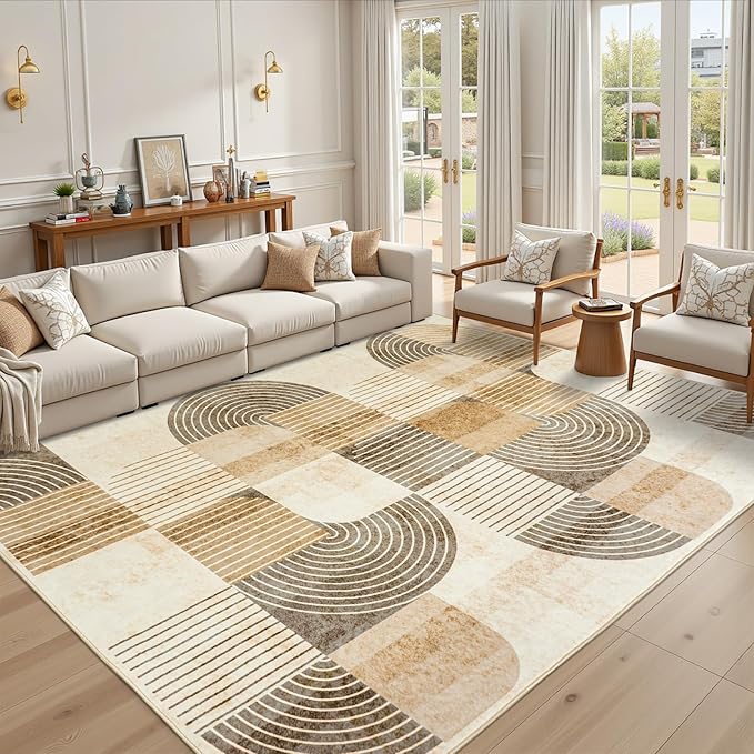 Area Rugs 5x7 Living Room -Washable Modern Geometric Neutral Beige Rug for Bedroom, Soft Non-Slip Indoor Floor Abstract Carpet for Dining Room Nursery Office