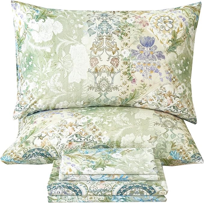 Zusbest Queen Sheet Set Luxury Sage Green Floral Bed Sheets 100% Cotton, Satin Weave Soft Silky Breathable for Hot Sleepers American Country Style Vintage Flower Deep Pocket 17.5‘’ Bed Set 4Pcs