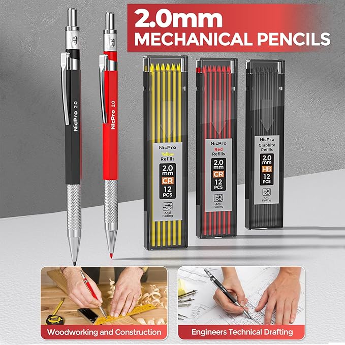 Nicpro 24PCS CP3000 Mechanical Carpenter Pencil Set with Sharpener & Sheath, Lead Refills, Long Nib Marker, Center Punch, Carbide Scribe Tools, Heavy Duty Construction Pencil for Architect Woodworking