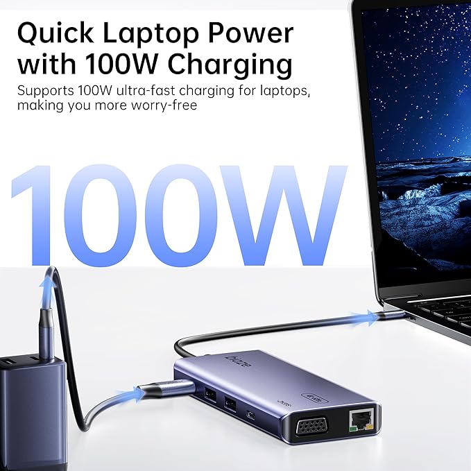BIAZE 10-in-1 USB C Hub Multiport Adapter, 4K60Hz HDMI & VGA, 100W PD Charging, Gigabit Ethernet, USB 3.0, SD/TF Card Reader, 3.5mm Audio, for MacBook, iPad, Dell, HP and More Type C Laptops