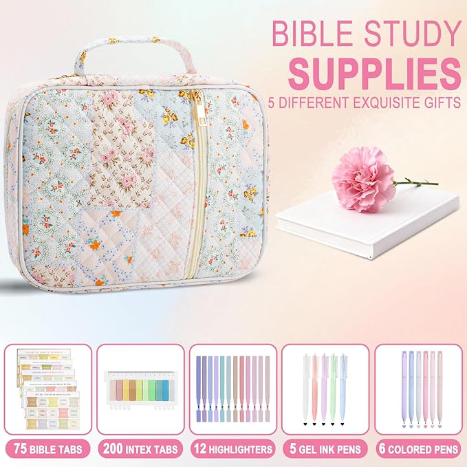 Lestp Bible Cover Case Study Supplies for Women Gifts Large Bible Cover with Highlighters Pens Tabs Cute Quilted Carrying Case Christian Journal Kit Accessories Christian Gifts Sticky Notes A