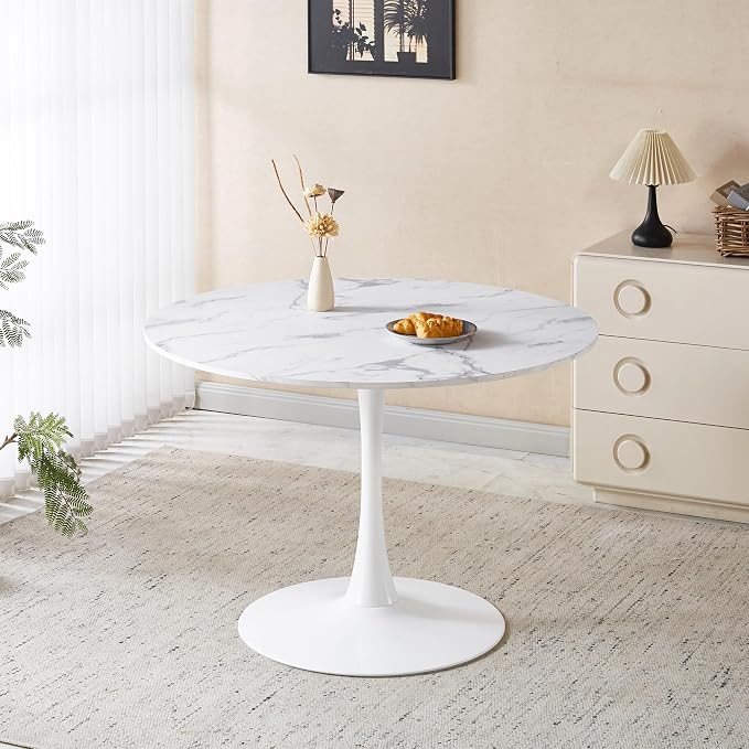 KEIKI 42.1" Round Dining Table, Mid Century Modern Bistro Table with Thickened MDF Tabletop & Metal Pedestal, for 4-6 People, Small Places, Cafe, Kitchen, Living Room, Faux Marble White