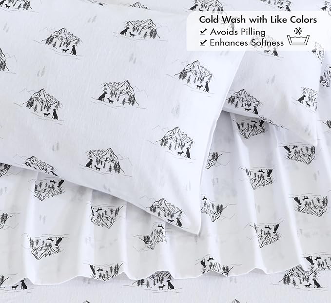 RUVANTI Flannel Sheets Full Size - 100% Cotton Double Brushed Bed Sheets Set, Deep Pockets 16 Inches, All Seasons Breathable & Extra Soft Full Sheets, Warm & Cozy, 4 Piece, Soul Dog White
