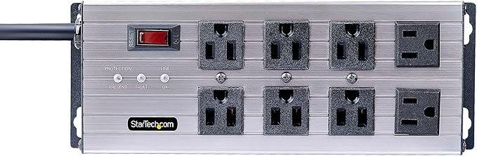 StarTech.com Flat Plug 8-Outlet Heavy Duty Industrial Power Strip 125V/15A with Surge Protector, EMI/RFI Isolation, Mountable PDU, 12ft/3.6m Extension Power Cord, NEMA 5-15P/R, TAA