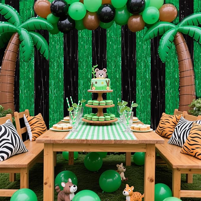 TONIFUL 2Pcs Black Green Door Streamers,Green Photo Booth Backdrop,Metallic Streamers Green Foil Fringe Curtains for Birthday,Christmas,New Year,St. Patrick's Day Party Streamers Decor