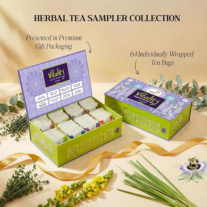 Adanim Bio Vitality Organic Herbal Tea Sampler Gift Set Caffeine Free 8 Flavors Variety Pack 64 Individually Wrapped Tea Bags for Gifting