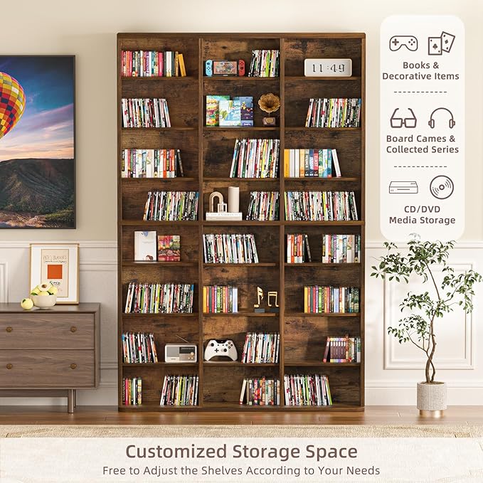 LELELINKY 8 Tier Tall Display Cabinet, Brown Media Storage Cabinet with Adjustable Shelves, Free Standing DVD Organizer Shelf, Floor Multimedia Storage Manga Bookshelf for Living Room & Home Office.