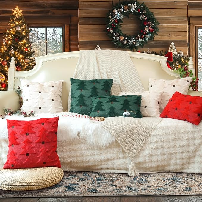 GEEORY Christmas Pillow Covers 16x16 Inch Set of 2, Christmas Decorations Xmas Tree Soft Plush Fluffy Faux Fur Decorative Throw Pillows Farmhouse Winter Cushion Case Green Brown GC033-16