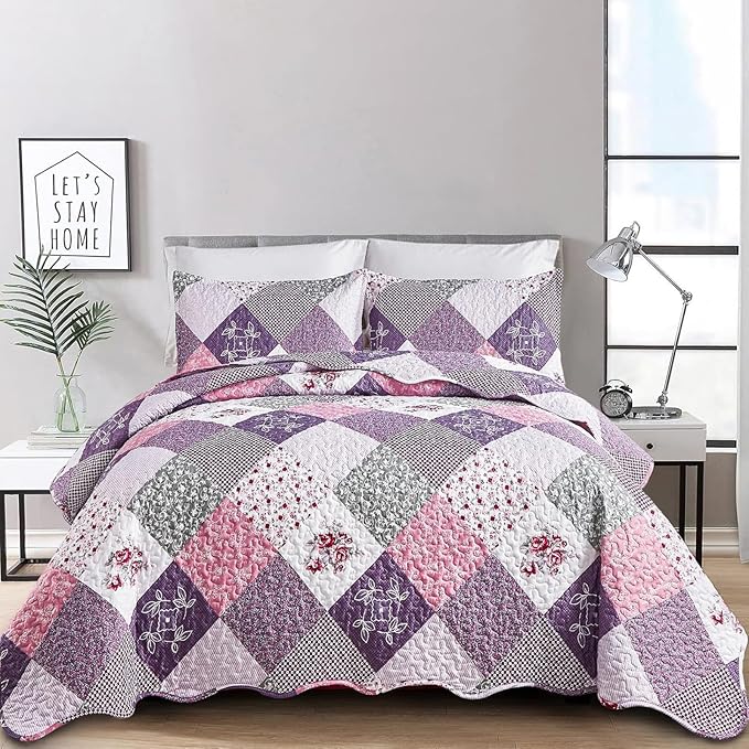 Dinjoy Purple Quilt Set King Size, Reversible Floral Plaid Patchwork Pattern Bedding Set Soft Microfiber Lightweight Bedspread Coverlet 3 Piece Spring Summer Use (104x90 inches)