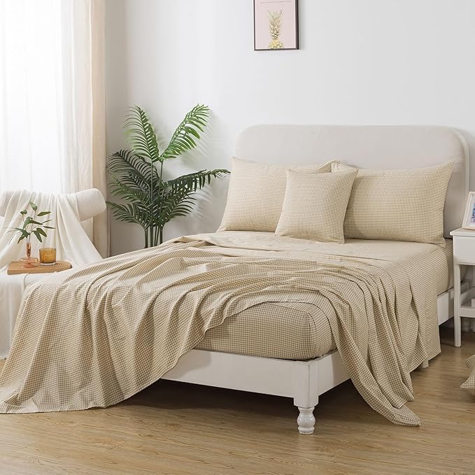 FADFAY Brown Plaid Queen Size Sheets 100% Cotton Geometric Checker Bedding Teens Grid White Gingham Pattern College Bedding Deep Pocket Sheets with 2 Pillowcases Ultra Soft 4pcs, Queen Size