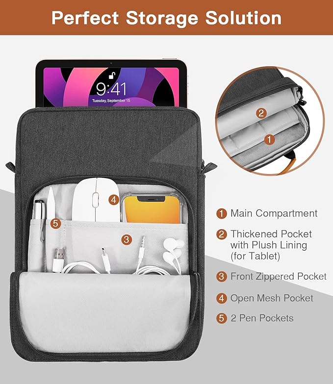 MoKo 9-11 Inch Tablet Sleeve Bag Handle Carrying Case with Shoulder Strap Fits iPad Pro 11 inch,iPad 10th 10.9,iPad 9/8/7th Generation 10.2,iPad Air 5/4th 10.9,iPad 9.7,Tab S8/S9 11", Black & Gray