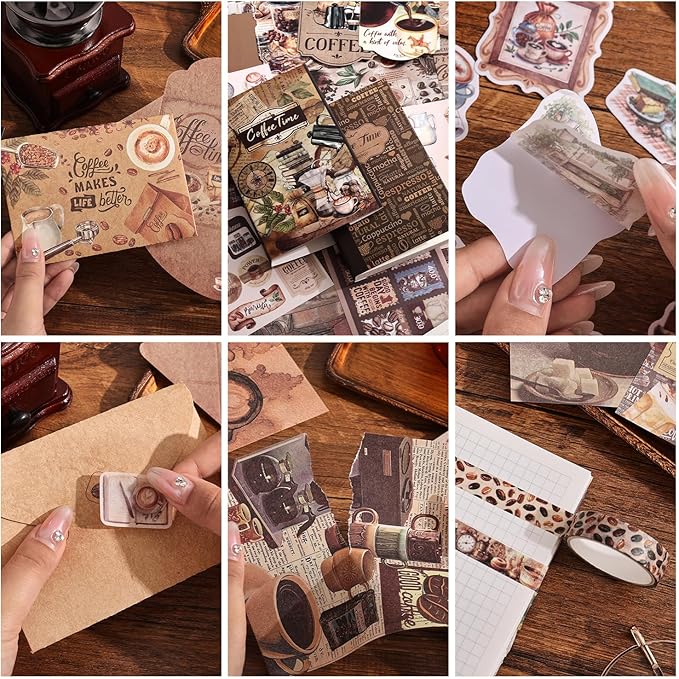 emmoolife Scrapbooking Supplies Kit, Coffee Vintage Aesthetic Scrapbook Kit for Bullet Junk Journal, DIY Journaling Supplies with Coffee Bean Cup, Latte Art, Birthday Craft Gift for Teen Girl Women