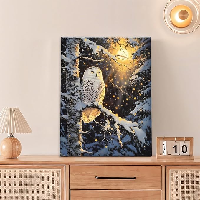 Owl Wall Art, Winter Snow Owl Pictures Wall Decor, Forest Animal Canvas Prints Painting, Framed Artwork for Bathroom Living Room Bedroom Office Dining Room 24"X16"