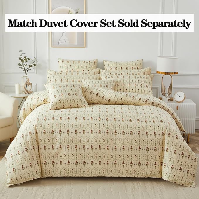 FADFAY King Size 100% Cotton Beige Bed Sheets Set Elegant Red Rose Floral Pattern, Soft and Luxurious Shabby Vintage French Country Bedding, 4 Pieces Deep Pocket Fitted Sheet