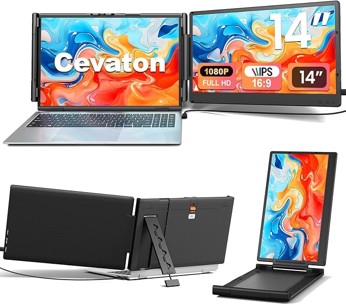 Cevaton Laptop Screen Extender, 14" FHD 1080P Portable Monitor for Laptop, Plug & Play Screen Extender, Auto Adjust Width Dual Monitor for 13" - 17" Laptops, Compatible for MacOS/Wins/Chrome/Dex