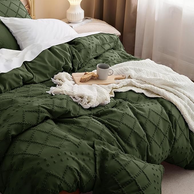 Bedsure Boho Duvet Cover Queen Size - Dark Green Breathable & Soft Boho Bedding, Machine Washable Comforter Cover for All Seasons, Includes 1 Duvet Cover 90"x90" with 2 Pillow Shams & Zipper Closure