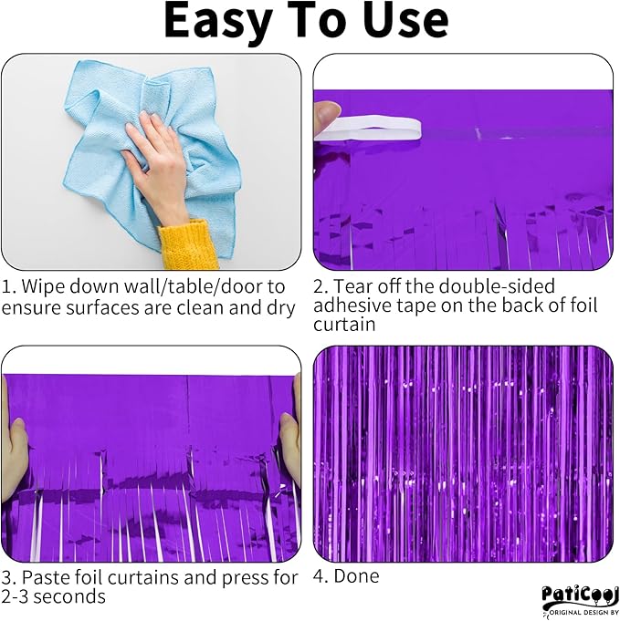 Thicken Purple Streamers 4 Pack 3.2 x 8.2 FT, Purple Birthday Decorations Tinsel Backdrop Curtains, Foil Fringe Photo Backdrop for Halloween, Graduation Party Decorations
