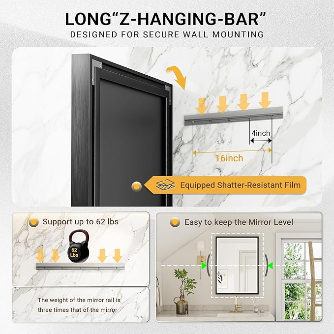 Black Bathroom Mirror, 16''x 24'' Beveled Bathroom Mirror for Wall, Anti-Rust Black Framed Mirror for Bathroom Living Room Decor, Rectangle Black Mirror for Wall Decorative
