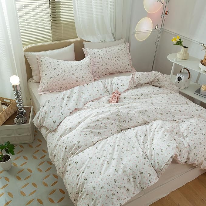Girls Floral Comforter Set Twin XL Garden Flower Print Bedding Sets Soft Fluffy Vintage Pink White Floral Bedding Comforter Set Cottagecore Botanical Flowers Comforter with 2 Pillowcases Twin XL Size