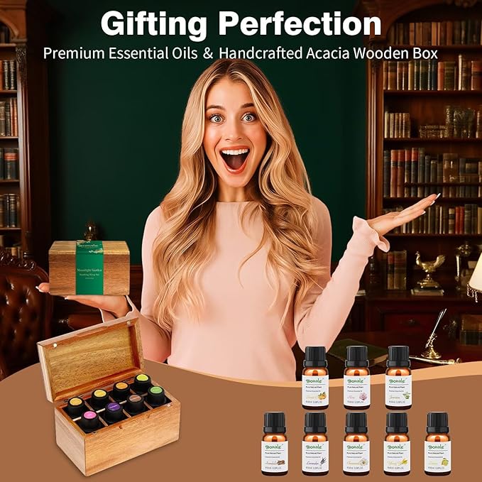 Dohale Essential Oils Set Acacia Wood Gift Box - Stress Relief Relax Soothe, Top 8 Aromatherapy Oils for Diffuser Hotel Scent Home Fragrance Candle Making - Chamomile, Lavender & More 10ml