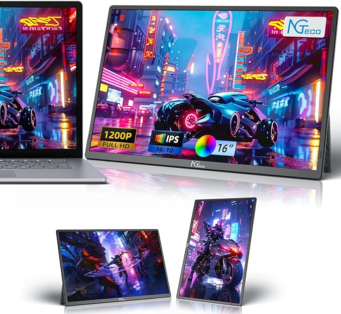 NGTeco Portable Monitor 16" FHD 1200P USB C HDMI Gaming Ultra-Slim IPS Display w/Smart Cover & Speakers,HDR Plug&Play, External Second Monitor Compatible with Laptop/PC/Mac/Phone/Xbox/Switch/PS4