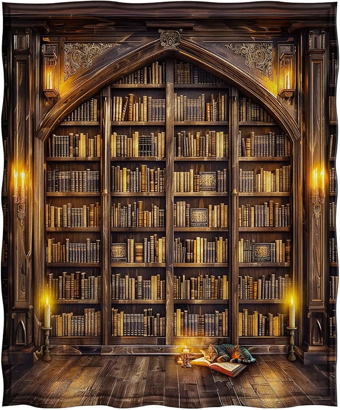 Jekeno Vintage Books Cat Bookshelf Blanket Gifts for Women Men Kids Girls Boys Husband Dad Halloween Birthday Christmas Library Bookcase Candle Decor Bedroom Study Classroom Living Room Throw 50"x60"