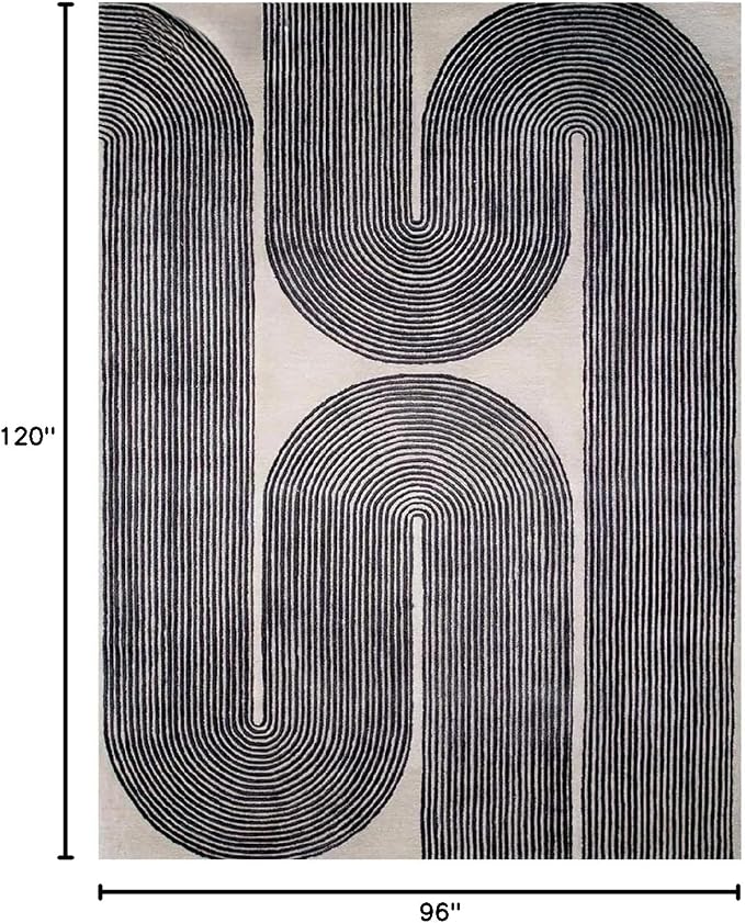 Modern Handmade Wool Area Rug, Abstract Curved Line Geometric Carpet for Living Room Bedroom, Contemporary Tufted Indoor Rug with Soft Pile and Cotton Backing (Ink, 5' x 8')