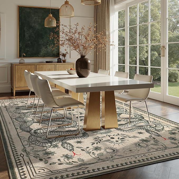 DCX Washable 5x7 Snake Rug, Beige Gothic Rug for Living Room, Soft Low Pile Carpet, Kid & Pet Friendly with Rubber Back Non Slip, Stain Resistant Rug for Bedroom Dining Room Office