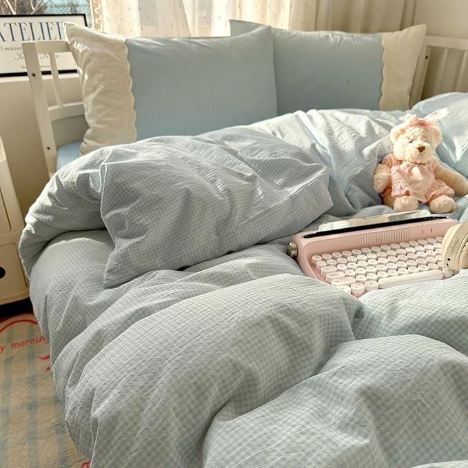 LifeTB Blue Gingham Duvet Cover Twin XL 3 Pieces Blue Plaid Comforter Cover with Chic White Lace Soft Microfiber Checkered Grid Duvet Cover with 2 Pillowcases Breathable Gingham Plaid Bedding Set