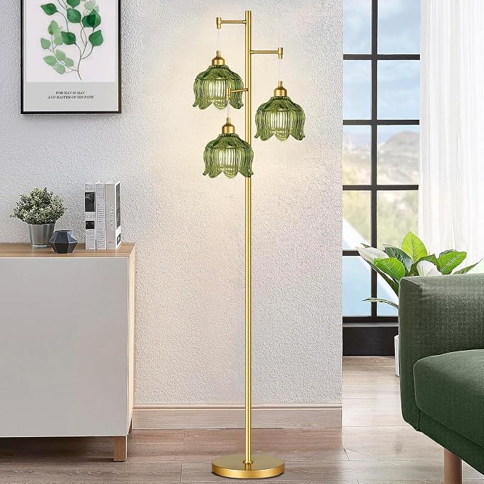 ILLMTW Glass Floor Lamp for Living Room,Bedroom,Gold Mid Century Modern Standing Lamp Brass Tree 3 Light Tall Floor Lamps Vintage Retro Floor Lights Green Flower Lamp Shade Farmhouse Boho Bohemian