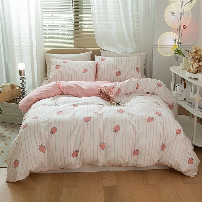 Pink Strawberry Duvet Cover Set Twin Kids Girls Kawaii Bedding Set 100% Cotton Fruit Strawberry Comforter Cover for Teens Children Boys Lovely Cartoon Kids Kawaii Bedroom Collection with 2 Pillowcases