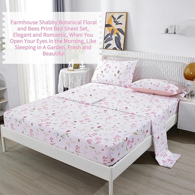 RYNGHIPY Shabby Floral Bees Print Bedding Sheets with Pillowcases, Breathable Egyptian Cotton Bed Sheet Set (Bee,Queen Size)