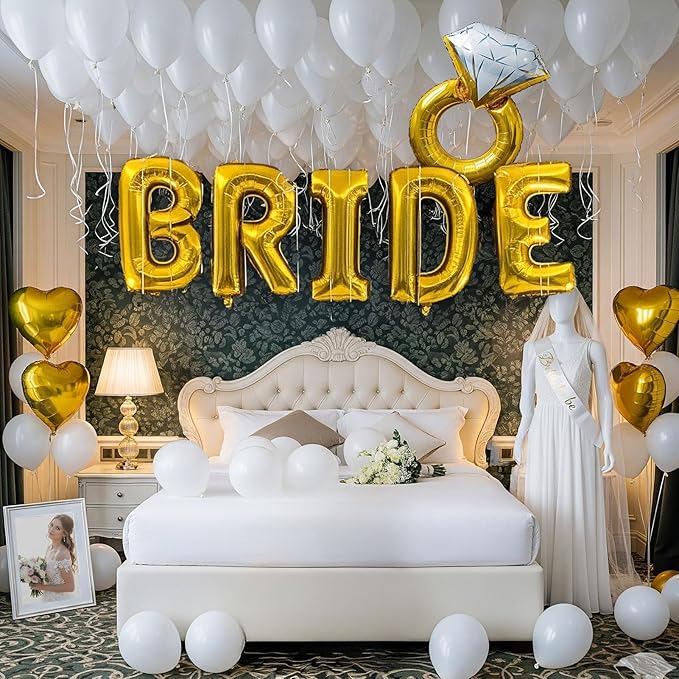 Gold Bridal Shower party decorations with huge 40in Gold BRIDE letter Pearl Balloons BRIDE to be Sash Bridal Veil Diamond Ring Heart shape Balloons For Bachelorette party Wedding supplies