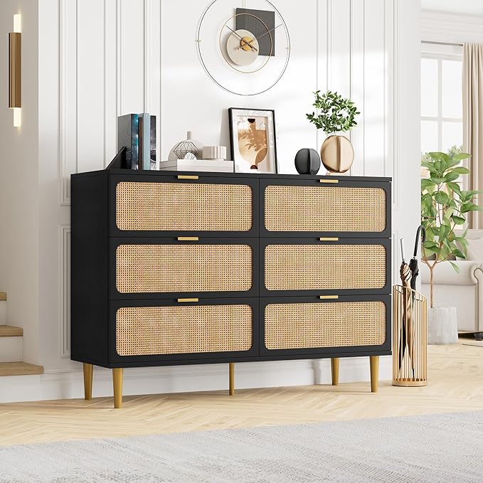 Garvee Rattan Dresser with 6 Drawers, Tall Modern Closet with Deep Storage, Large Chest of Drawers with Wide Top, Long Wooden Dresser for Bedroom, Living Room, Hallway, Kids Room, Black