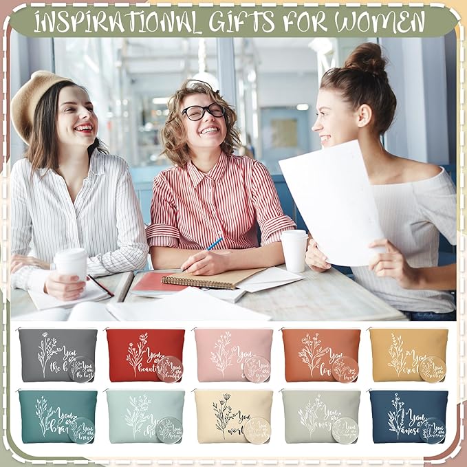 60 Pcs Employee Appreciation Gifts For Women Inspirational Canvas Makeup Bags Portable Compact Mirror Bulk Cosmetic Bags Thank You Gifts for Social Worker Coworkers (Botanical,Vintage)