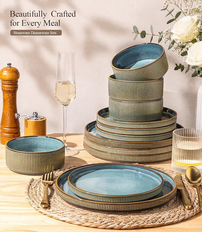 GBHOME 18-Piece Stoneware Dinnerware Set for 6 – Ribbed Ceramic Plates and Bowls, Scratch-Resistant, Microwave & Dishwasher Safe, Reactive Glaze-Space Blue