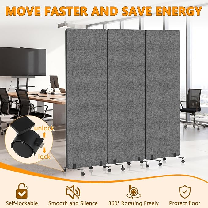 Soundproof Room Divider Panel with Wheels, 66in Portable Office Partition Screen, 3 Panel Temporary Wall Divider for Sound Proof Separation, Cubicle Privacy Panels for Desk (Dark Gray)