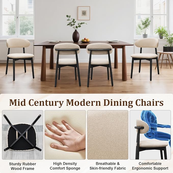 Farmhouse Dining Chairs Set of 6, Mid Century Modern Fabric Upholstered Kitchen Chairs, Wooden Dining Room Chair with Curved Back&Black Legs for Kitchen Dining Room Restaurant Cafe, Beige, Only Chairs