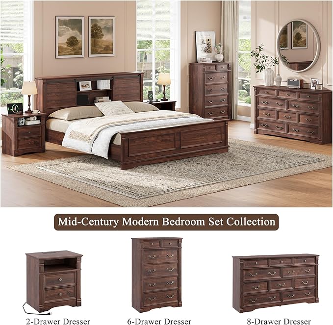 Walnut 6 Drawer Dresser for Bedroom, 47" Tall Dresser, Wood Rustic Chest of Drawers with Chic Wood Pilasters, Dressers Organizer for Bedroom, Hallway, Living Room