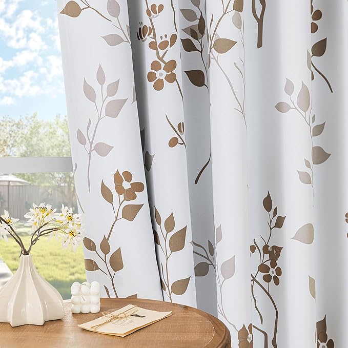Beauoop Floral 100% Blackout Curtains 90 Inches Long 2 Panels for Bedroom Living Room Tan Brown and White Flower Patterned Room Darkening Thermal Soundproof Grommet Window Treatments Drapes, 52X90