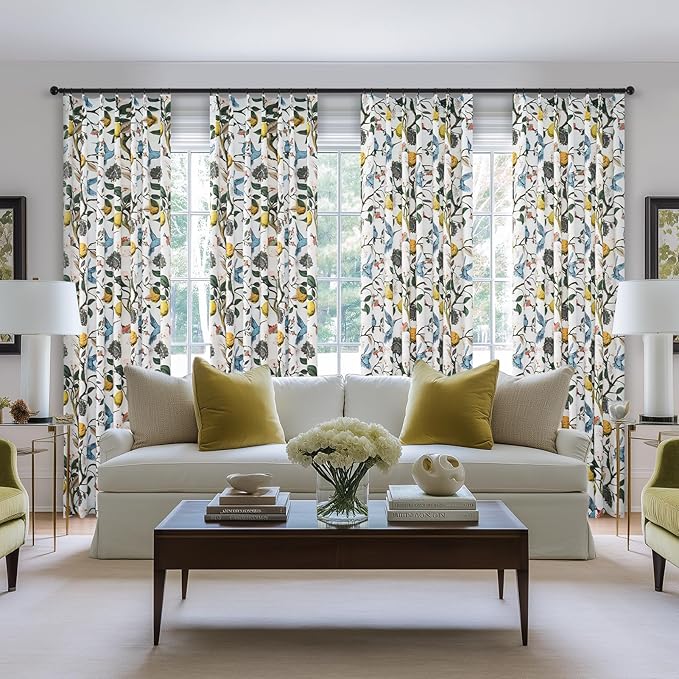 Curtains for Bedroom,Blue and White Hummingbird Floral Patterned Curtains 96 Inch Length for Living Room，Vintage Luxury Whimsical Floral Lemon Leaf Pinch Pleated Drapes，2 Panels