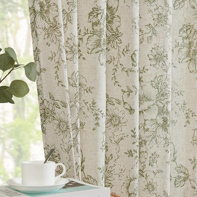 jinachan Linen Blend Floral Curtains for Living Room 63 Inch Length Christmas Sage Green Printed Curtain Rod Pocket Back Tab Farmhouse Peony Flower Patterned Drapes Bedroom Curtains Set 2 Panels
