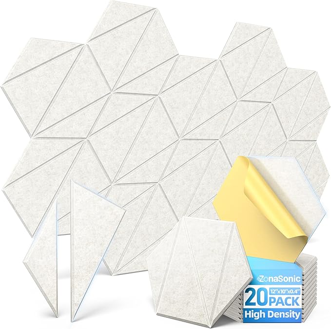 20 Pack Acoustic Panels with Self-Adhesive 12"X10"X0.4" Sound Proof Foam Panels for Walls, High Density Soundproof Wall Panels, Z-Line Hexagon Sound Dampening Panels for Home Studio Decor Office-Ivory