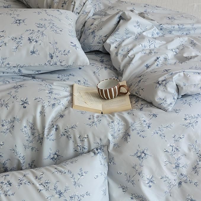 Twin Size Duvet Cover Vintage Blue Floral Duvet Cover Boho Coquette Bedding Set Lightweight Cotton Flower Comforter Cover Aesthetic Boho Farmhouse Bedding Flower Duvet Cover Twin